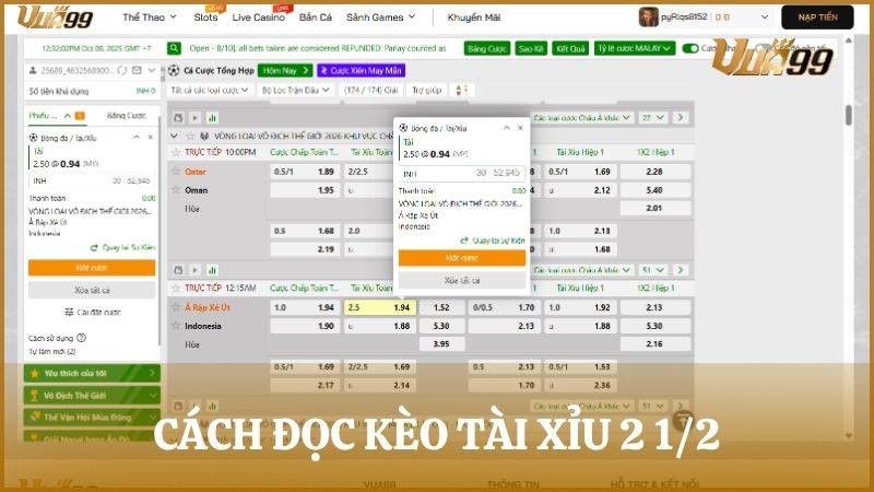 Hướng dẫn chi tiết cách đọc và tính kèo tài xỉu 2 trái rưỡi chính xác