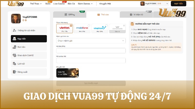 Nạp rút chỉ 5-10 phút, giao dịch VUA99 tự động 24/7 an toàn