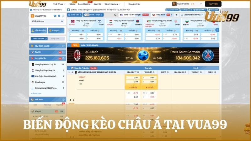 Biến động kèo châu Á tại VUA99 thể hiện qua tỷ lệ cược